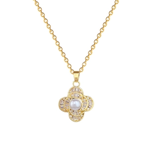 Elegant gold titanium steel necklace with water drop pearl and rectangular zircon stones