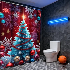 Detailed Christmas shower curtain with red background, golden ornaments and metal hooks
