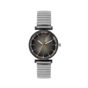 Detail of grey sunray dial with rose gold markers and silver elastic spring watch band