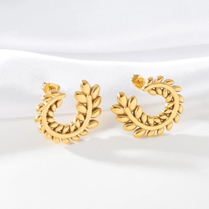 Elegant gold plated stainless steel wheat ear stud earrings on white silk background