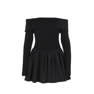 Elegant off-shoulder black knit dress with long sleeves and pleated A-line mini skirt