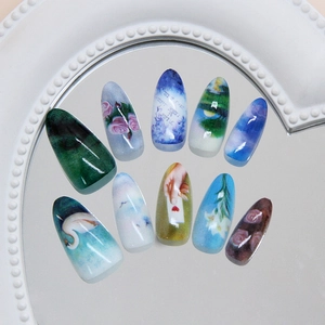 Artistic press on nails with swan and rose oil painting designs in long stiletto shape