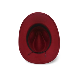 Detail view of red felt hat interior with black sweatband and adjustable drawstring