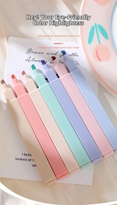 Flat macaron highlighter set with chisel tips arranged on decorative paper and a plate