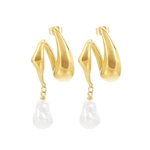 Elegant French irregular gold stainless steel stud earrings with baroque pearl tassels
