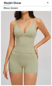 Detail view of the Moss Green yoga set featuring a V-neck tank top and high-waisted shorts