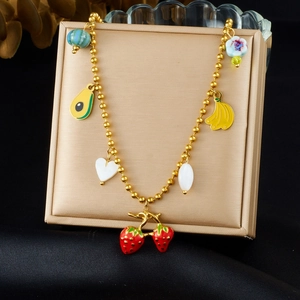 Cute Fruit Pendant Necklace Stainless Steel Enamel Strawberry Banana Avocado Gold Bead Chain Fashion Jewelry For Women