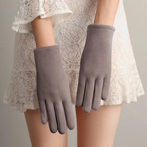 Detail of elegant grey velvet lining gloves with four-button cuff and touchscreen feature