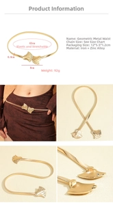 Detailed size specifications and close-up of gold heart rhinestone spring waist belt