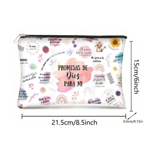 Floral canvas makeup bag with zipper showing dimensions of 21.5cm length and 15cm height