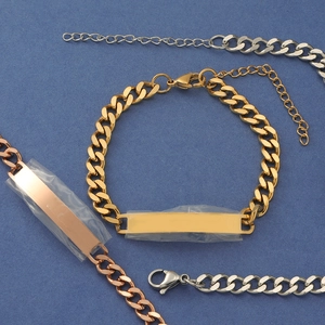 Cuban link bracelets in gold, silver, and rose gold with customizable metal bars