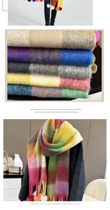 Detail of colorful plaid scarf with soft pom-pom tassels for winter warmth and style