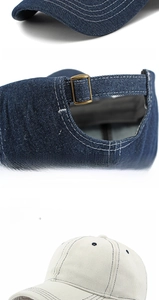 Detail of adjustable metal buckle strap and texture on baseball cap fabric