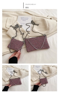 Close-up of pink rhinestone crossbody bag with elegant silver chain in two sizes