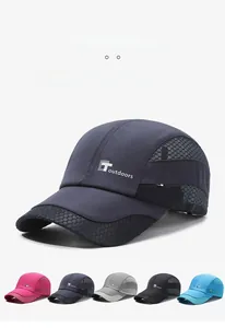 Close-up of quick-dry mesh panels and multi-color collection of outdoor baseball caps