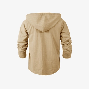 Rear view of khaki vertical striped hooded shirt showing linen texture and hood detail