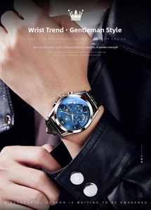 Detail of OLEVS men's watch with blue dial, chronograph sub-dials and date on leather strap