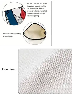 Detailsicht des glatten Legierungsreißverschlusses und der Leinentextur der Kosmetiktasche