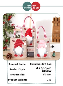 Three burlap Christmas gnome gift bags with sequins and striped handles, 15x30cm size