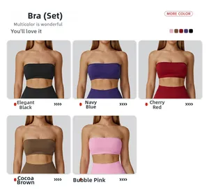 Collage of seamless yoga bras in five colors featuring ribbed texture for fitness workout