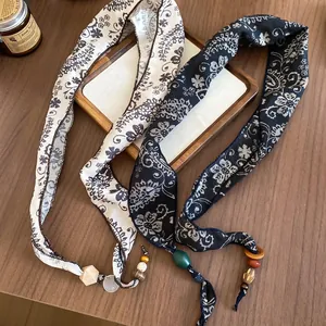 Vintage paisley print scarves with wooden beads and resin accents for women