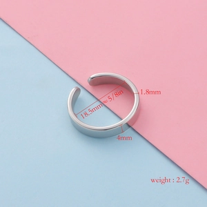 Polished silver stainless steel C-shaped open ring with detailed size measurements