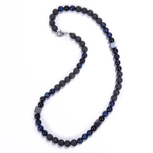 Macro detail of 8mm tiger eye and lava stone beaded necklace with square magnetic accents