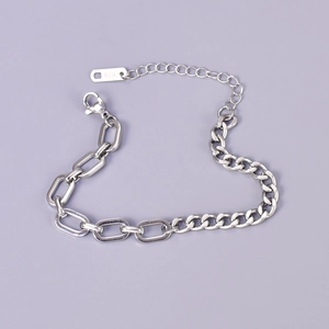 Bracciale in acciaio inossidabile argento con cuciture doppie di maglie ovali e cubane