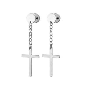Detail of silver cross dangle earrings with polished round studs on a white background