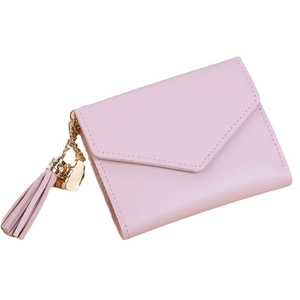 Short pink faux leather women's wallet with heart pendant and fringe tassel detail