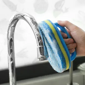 Dual-layer cleaning sponge with ergonomic U-shaped handle for kitchen and bathroom tiles