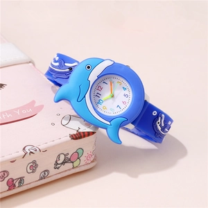 Blue silicone kids watch featuring cute dolphin pattern and a round Arabic numeral dial
