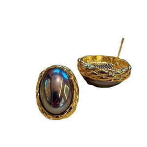 Elegant 18K gold plated woven border earrings with dark grey oval pearl stones for women
