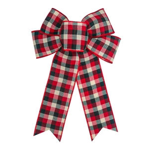 Detailed view of red and black buffalo plaid Christmas bow with woven fabric texture