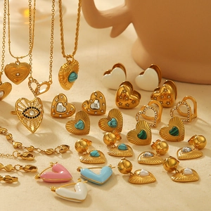 Bijoux Coeur Acier Inoxydable Plaque Or Collier Boucles D'oreilles Pierre Naturelle Malachite Turquoise CZ Pour Femme Mode