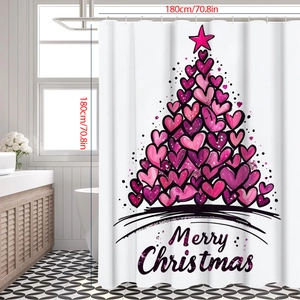 Detail of waffle-textured Christmas shower curtain with heart-shaped tree and 180cm size info
