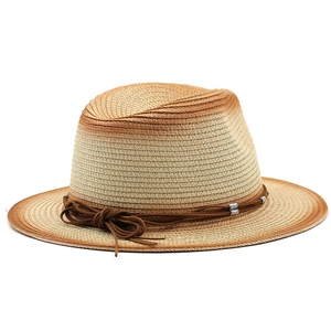 Detail of straw Panama hat with orange gradient brim and decorative beaded rope bow