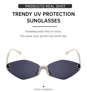 Close-up of rimless diamond-studded sunglasses with grey rhombus lenses and crystal bridge