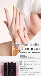 Macro shot of metallic nail stickers with gold heart patterns and black geometric decals