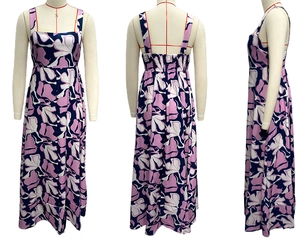Detail view of the floral print maxi dress featuring a smocked back and thin straps
