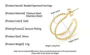 Detail view of gold hollow hoop earrings with dimensions and titanium steel material specifications