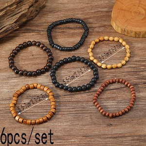 Set of 6 handcrafted multi-layered elastic wooden bead bracelets in mixed earthy tones