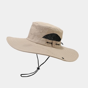 Quick-dry khaki outdoor sun hat with breathable mesh and adjustable chin strap