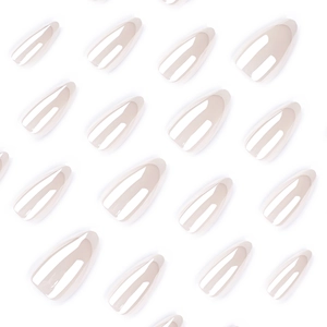 French style glossy nude almond press-on nails with long stiletto shape and shiny finish