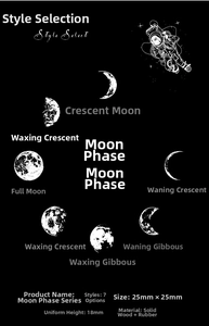 Detail of 7 moon phase rubber stamps with wooden base dimensions 25x25x18mm