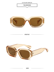 Close-up of stylish tea brown square sunglasses with geometric frames from dual angles