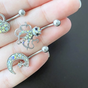 Star Moon Octopus and Heart Crystal Belly Rings Set with Iridescent Zircon Stones