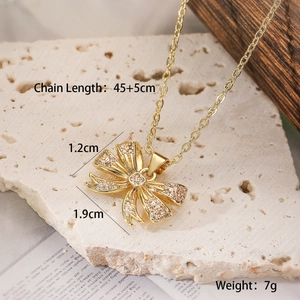 Detailed view of zircon bow pendant necklace showing dimensions and 45+5cm chain length