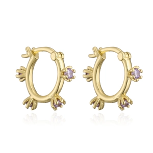 18K gold plated hoop earrings with five round purple zircons on white background