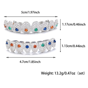 Hip hop silver grillz set with colorful cubic zirconia and precise size dimensions